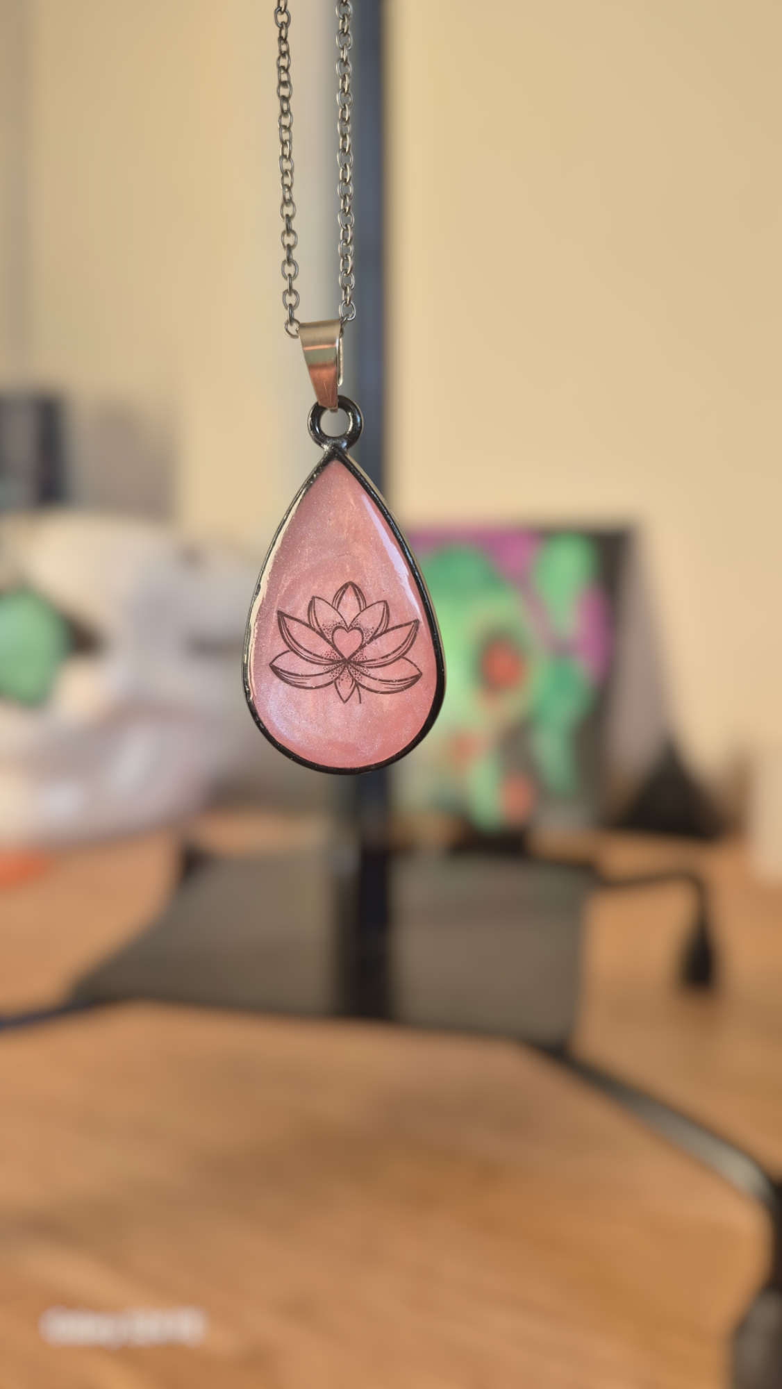 Pink Lotus Tear Drop Pendant Necklace