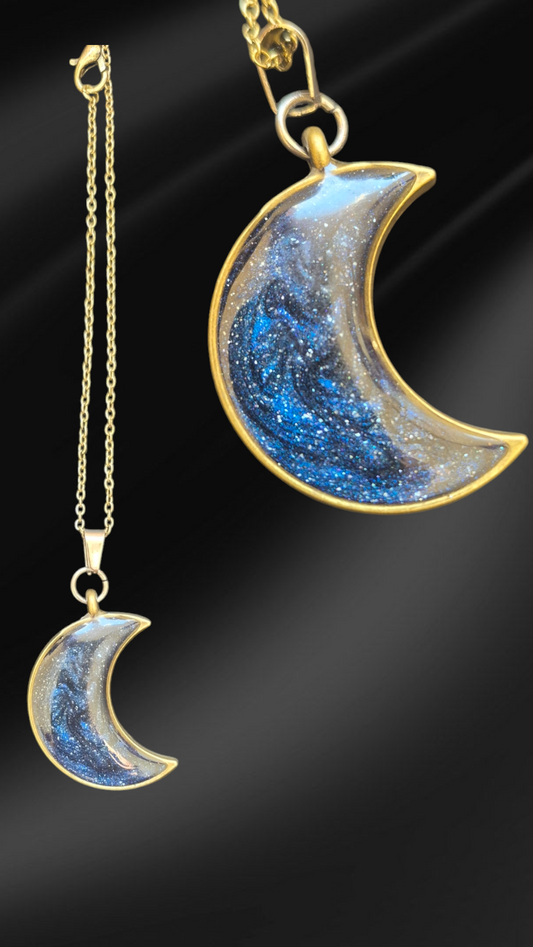 Blue Galaxy Moon Pendant Necklace