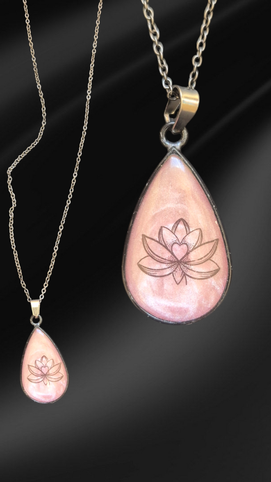 Pink Lotus Tear Drop Pendant Necklace